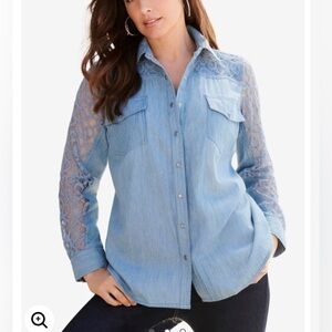 NWT Roaman’s Lace-Sleeve Denim Big Plus Size Shirt Size 34W